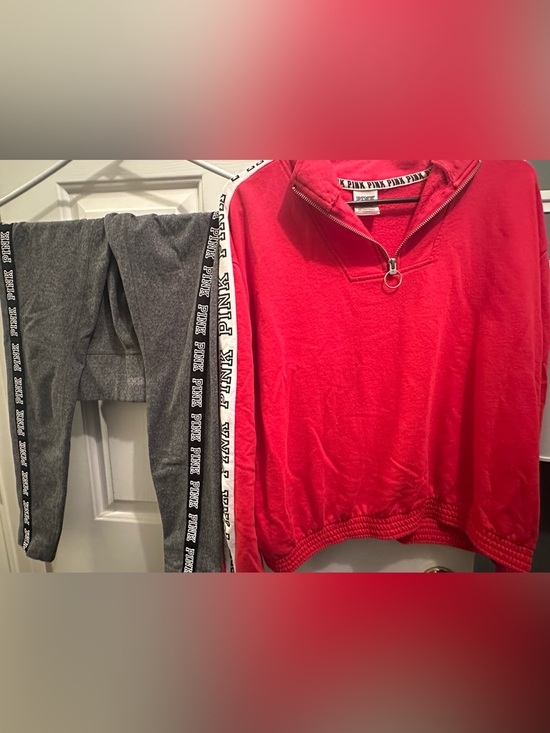 Victoria's Secret Other - 2018 Victoria's Secret PINK Red Half-Zip Pullover & Gray Leggings with Logo Tape